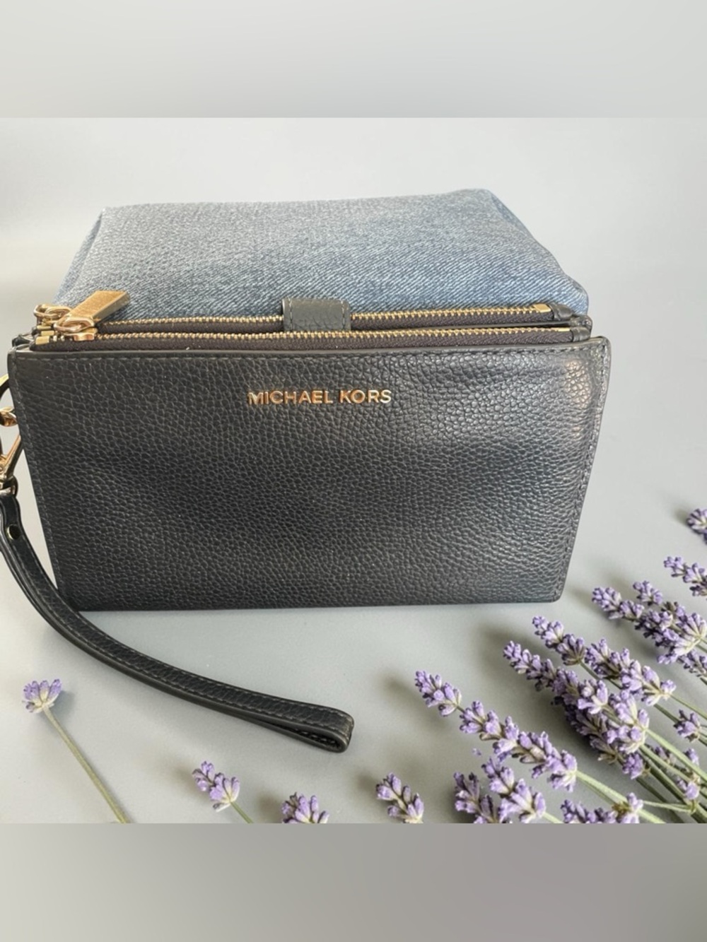 Michael Kors Black Pebbled Leather Wristlet Clutch with Gold Hardware